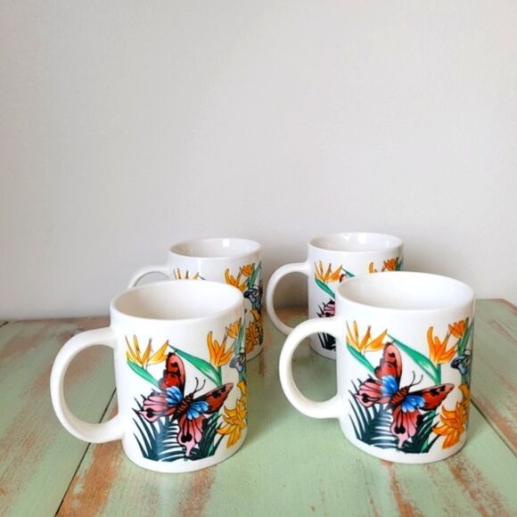 Vintage Butterfly & Flora Panstone Tropical Ceramic Set of 4 Coffee Mugs - Picture 3 of 15